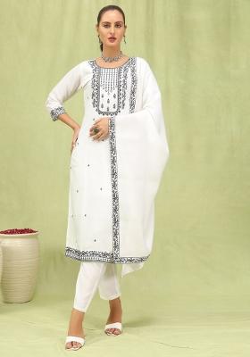 White Embroidered Silk Blend Kurta Set