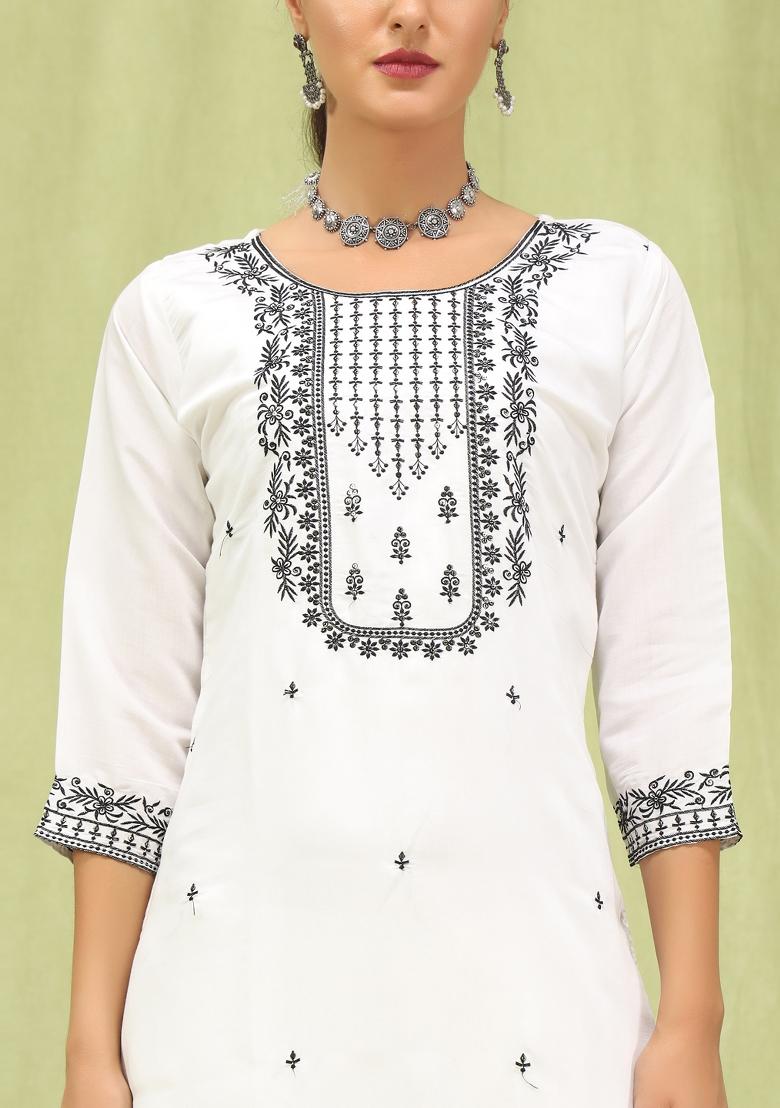 White Embroidered Silk Blend Kurta Set - Indya