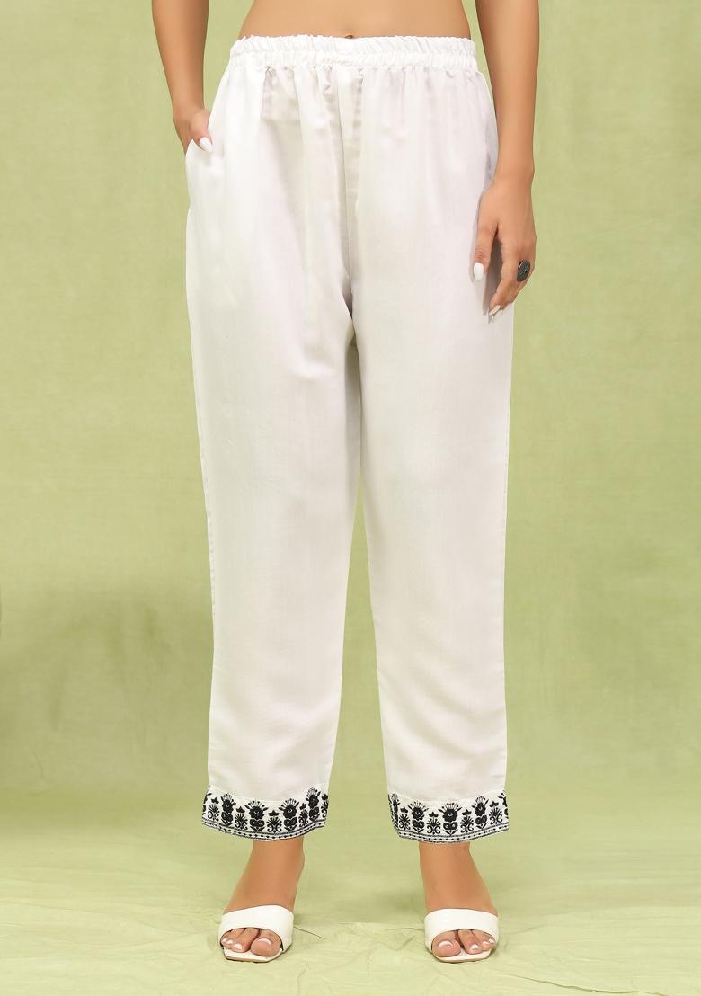 White Embroidered Silk Blend Kurta Set - Indya