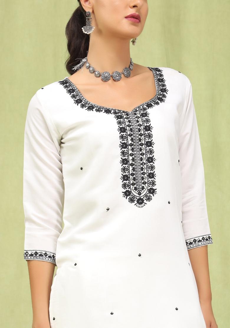 White Embroidered Silk Blend Kurta Set - Indya