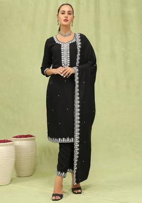 Black Embroidered Silk Blend Kurta Set