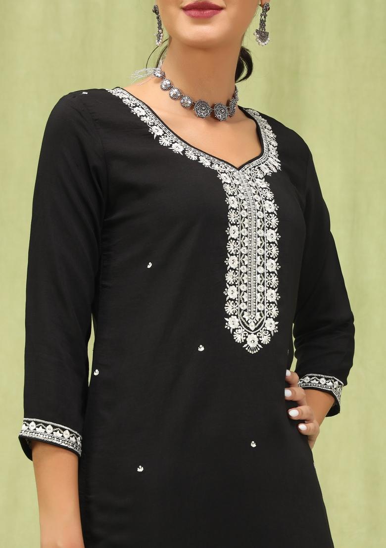 Black Embroidered Silk Blend Kurta Set - Indya