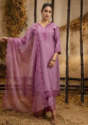 Lavender Embroidered Silk Blend Kurta Set
