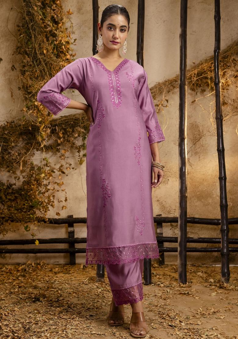Lavender Embroidered Silk Blend Kurta Set - Indya