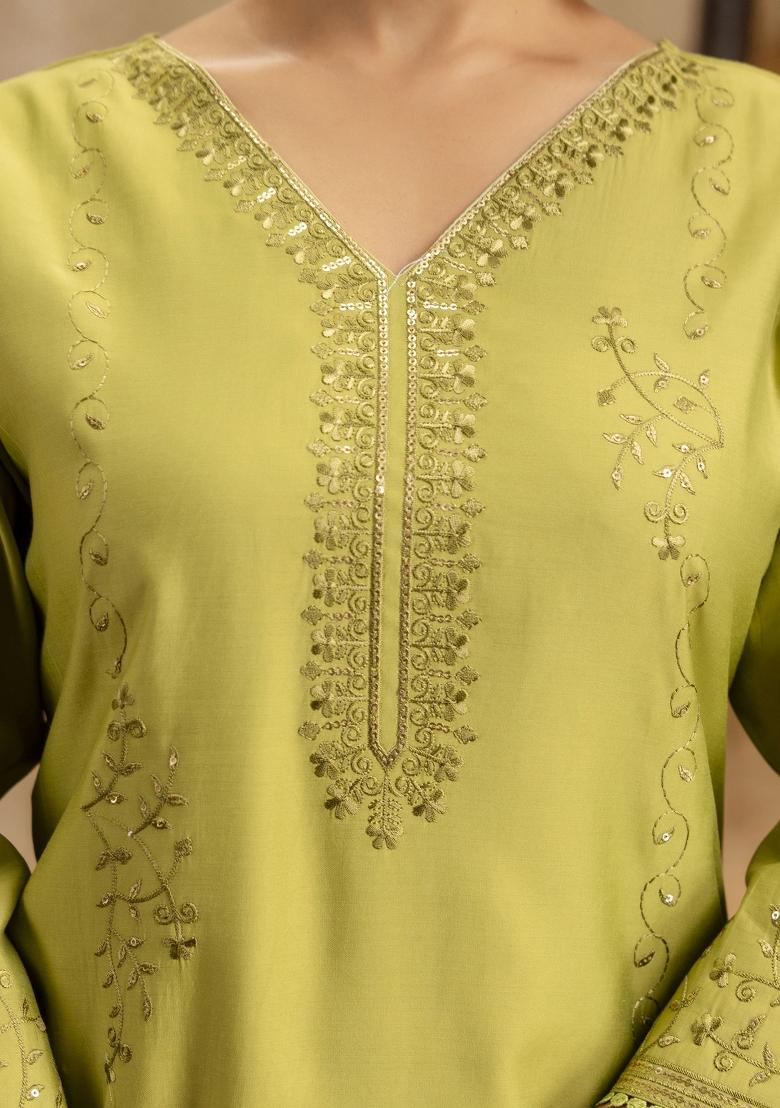 Mehendi Embroidered Silk Blend Kurta Set - Indya