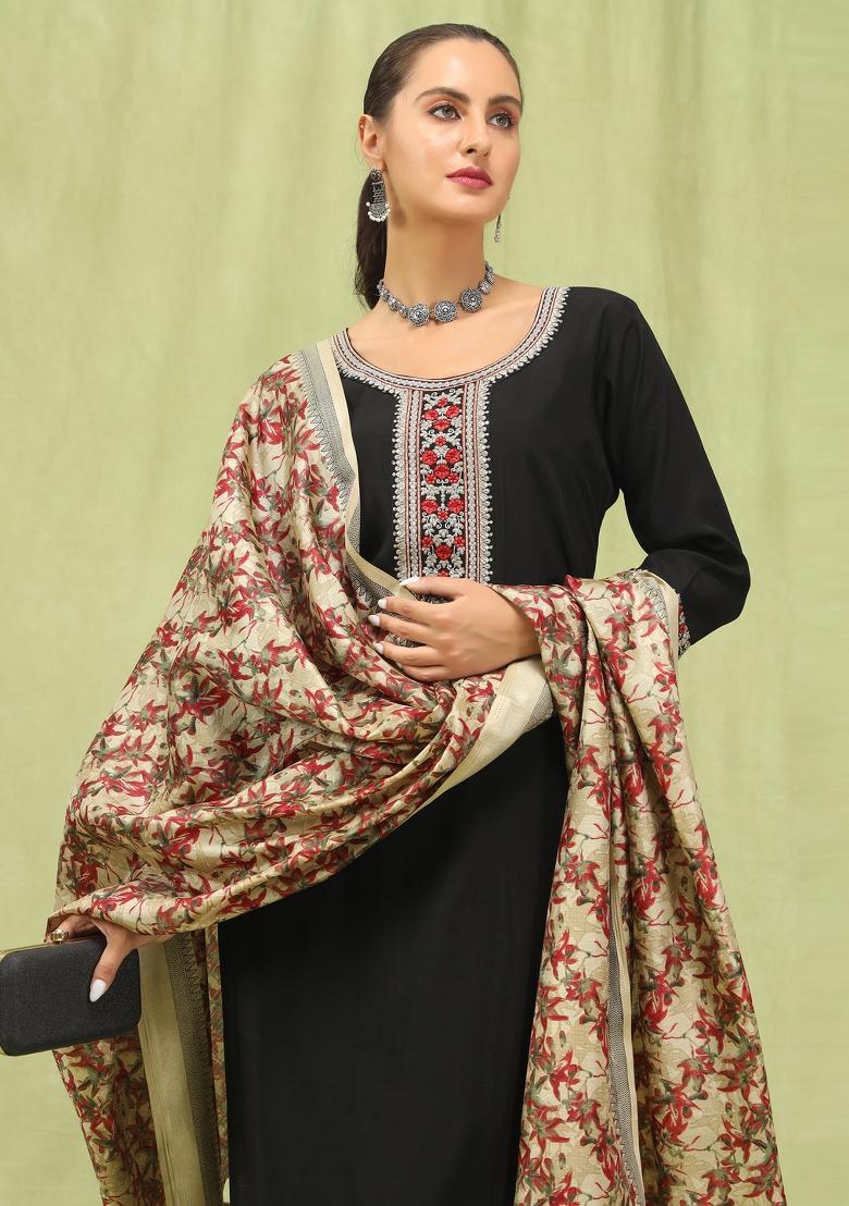 Black Embroidered Silk Blend Kurta Set - Indya