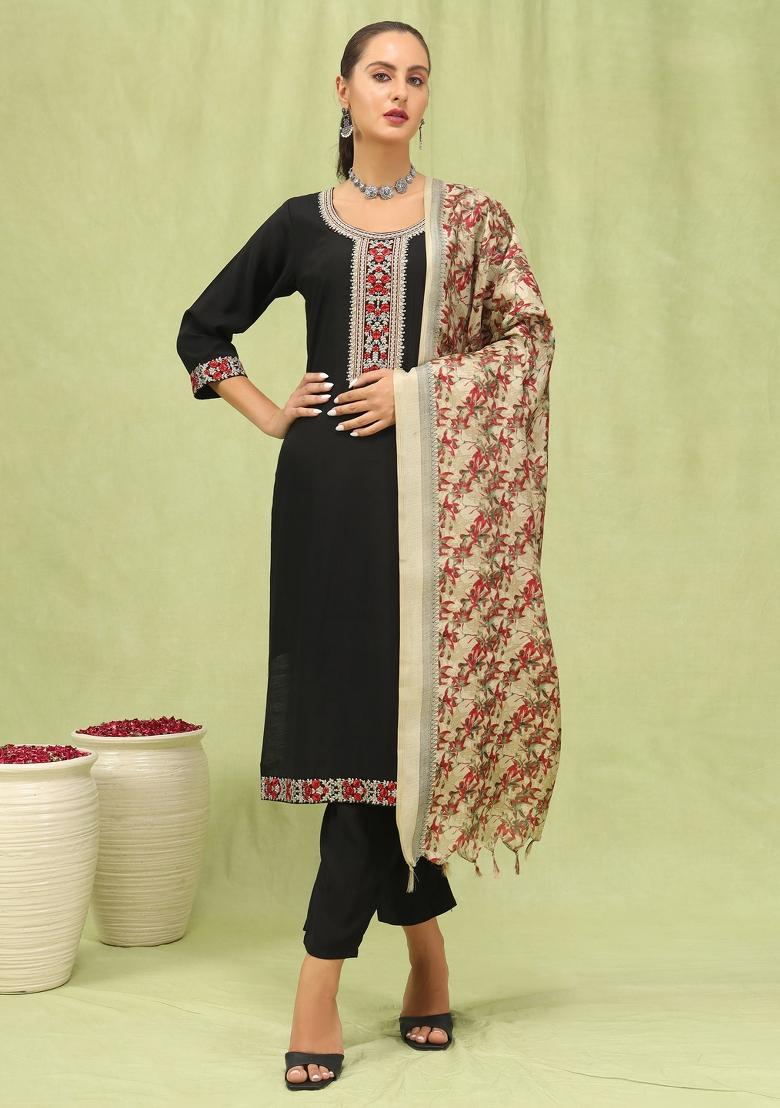 Black Embroidered Silk Blend Kurta Set - Indya