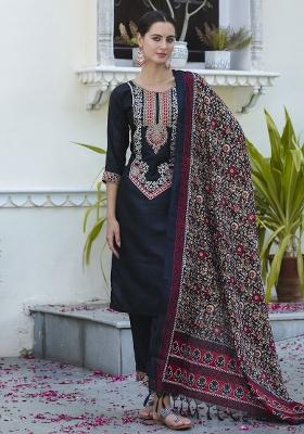 Black Embroidered Silk Blend Kurta Set