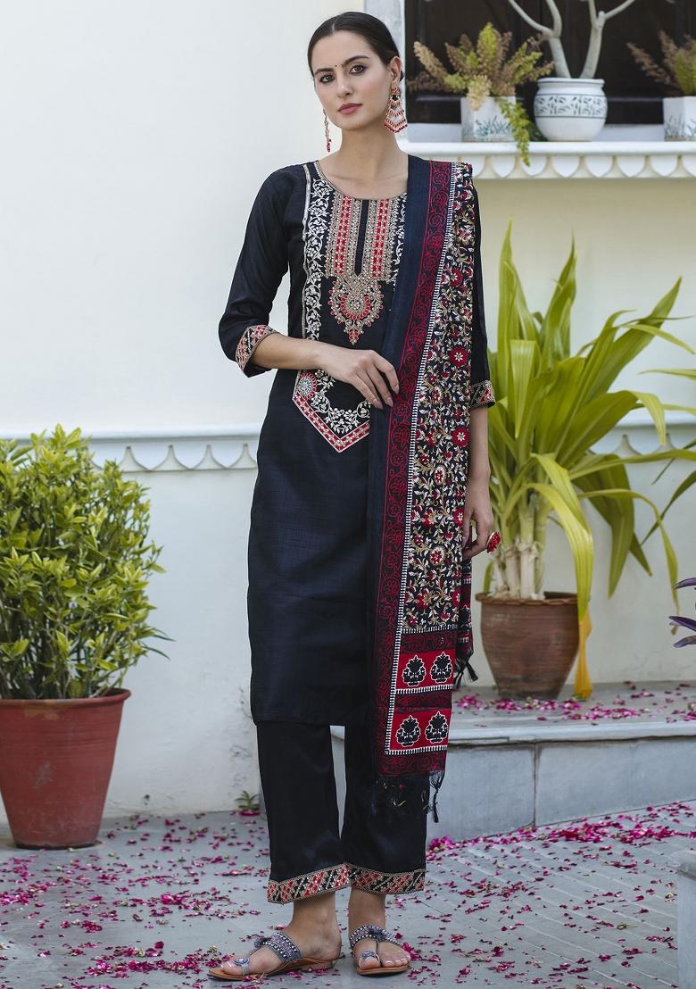 Black Embroidered Silk Blend Kurta Set - Indya