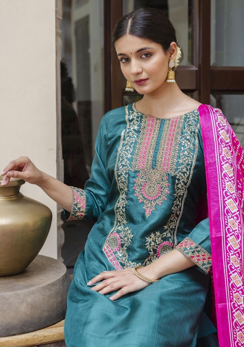 Rama Embroidered Silk Blend Kurta Set - Indya