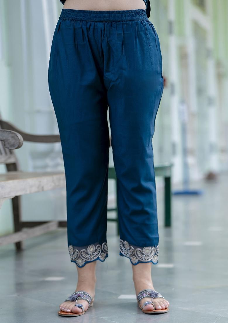 Teal Embroidered Silk Blend Kurta Set - Indya