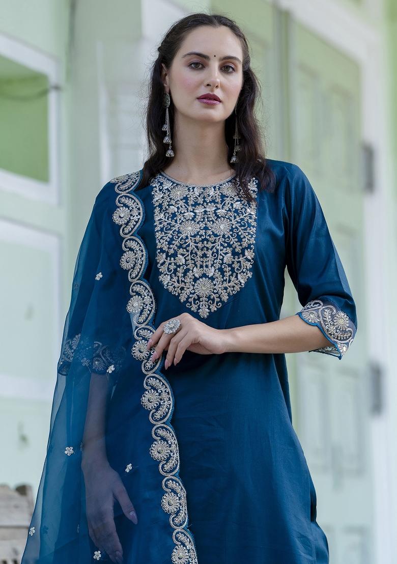 Teal Embroidered Silk Blend Kurta Set - Indya