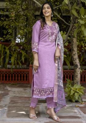 Lavender Embroidered Silk Blend Kurta Set