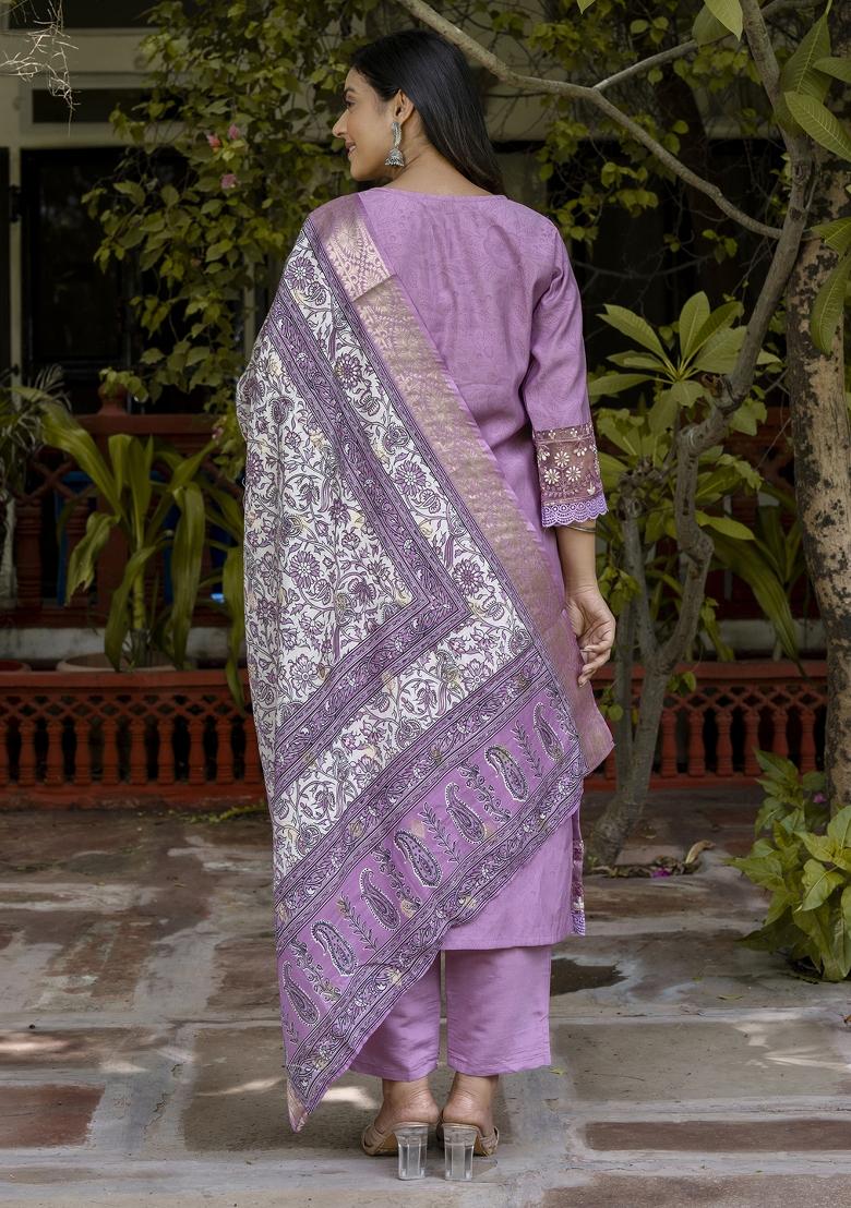 Lavender Embroidered Silk Blend Kurta Set - Indya