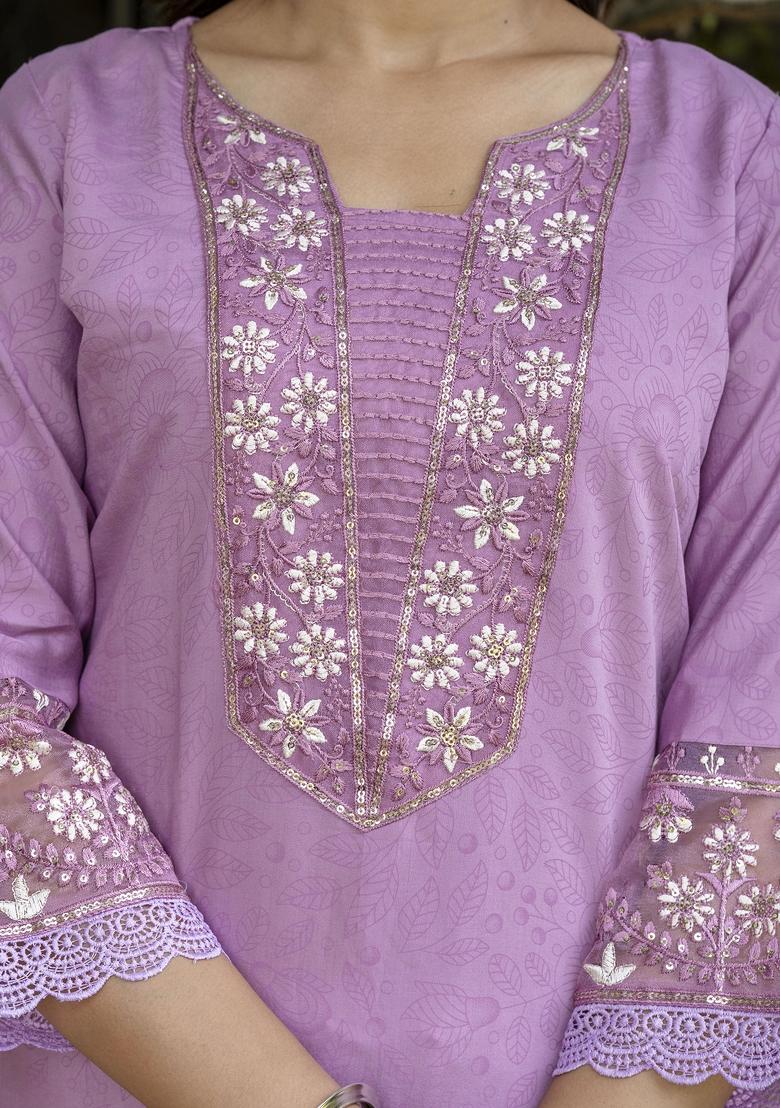 Lavender Embroidered Silk Blend Kurta Set - Indya