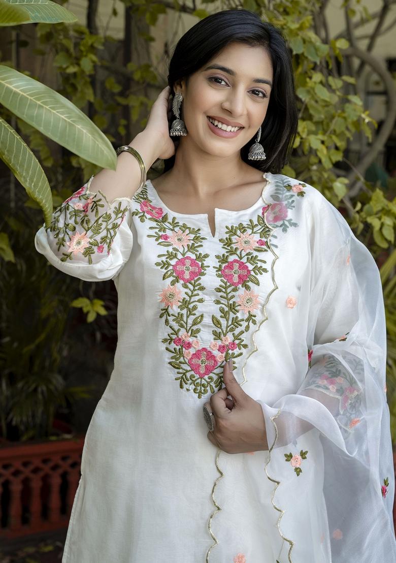 White Embroidered Silk Blend Kurta Set - Indya