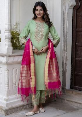 Pista Embroidered Cotton Kurta Set