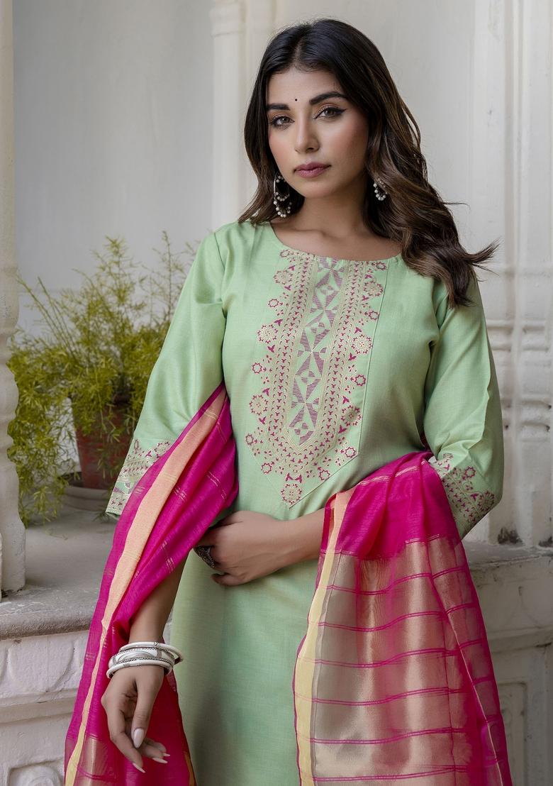 Pista Embroidered Cotton Kurta Set - Indya