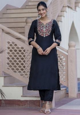 Black Embroidered Silk Blend Kurta Set