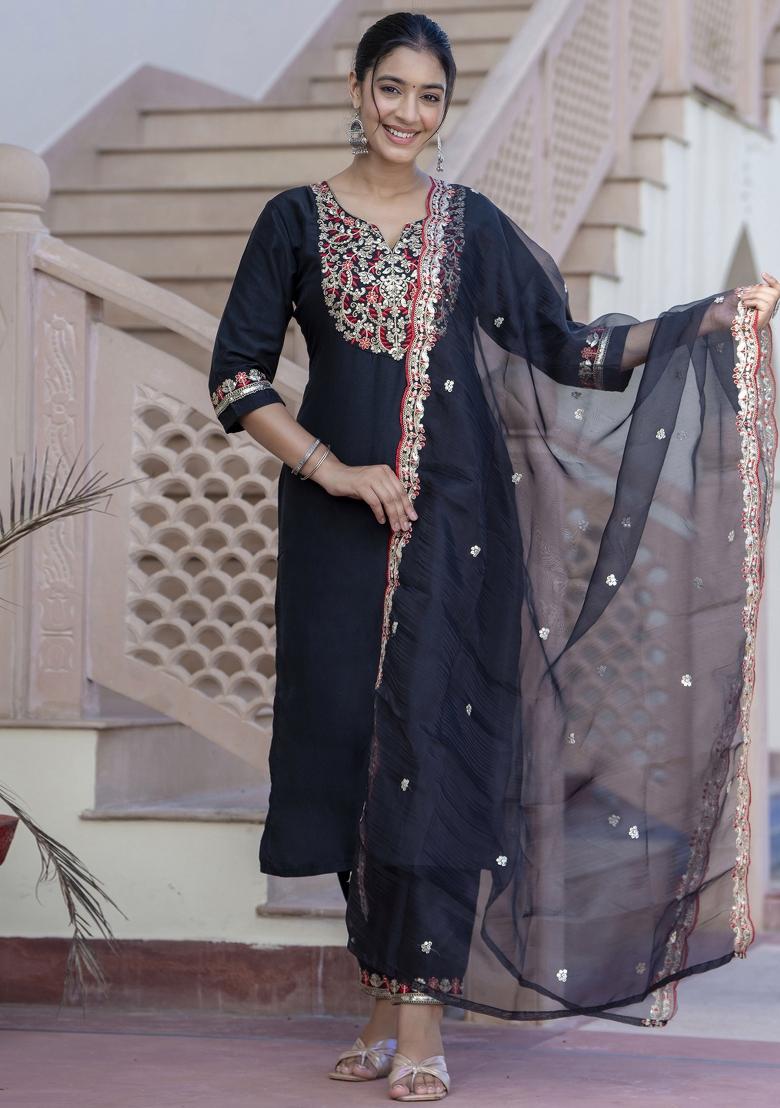 Black Embroidered Silk Blend Kurta Set - Indya