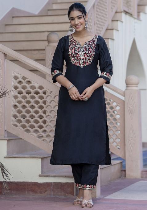 Black Embroidered Silk Blend Kurta Set