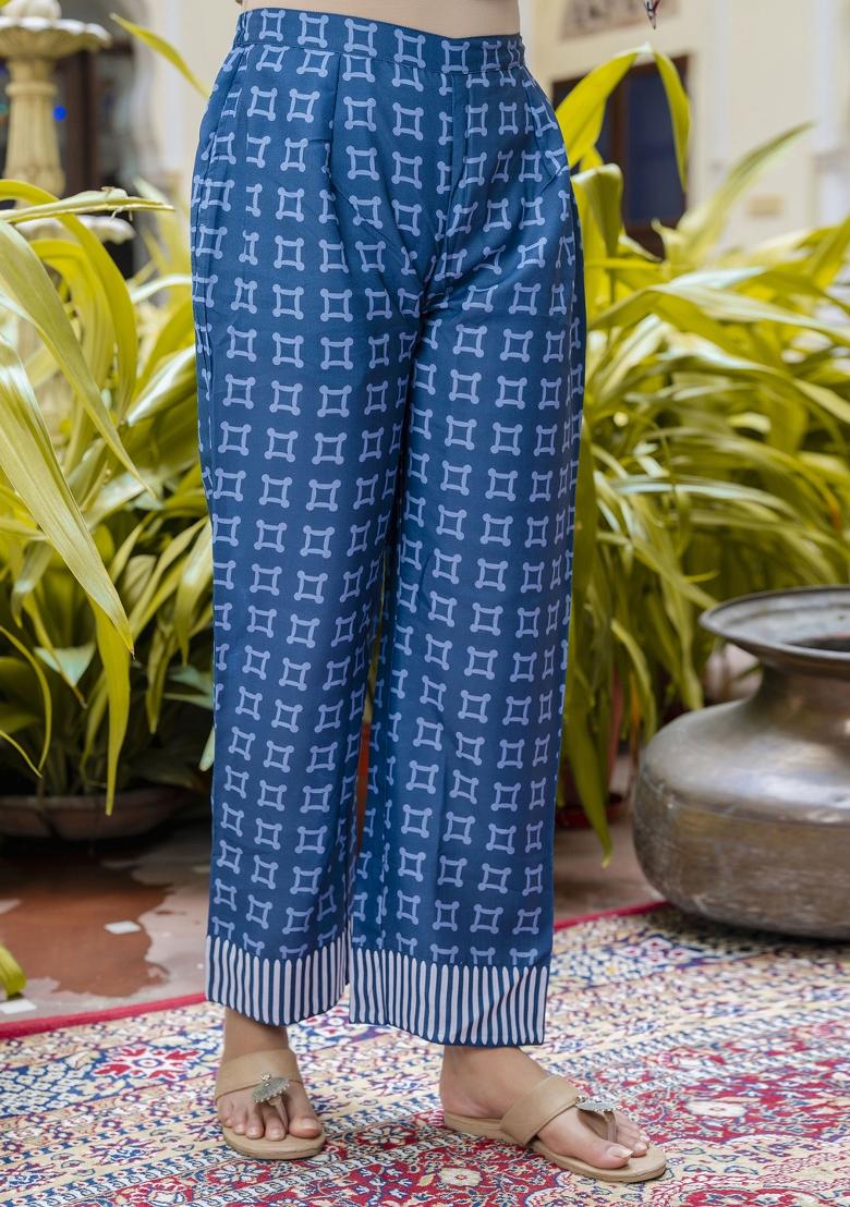 Blue Floral Print Cotton Kurta Set - Indya