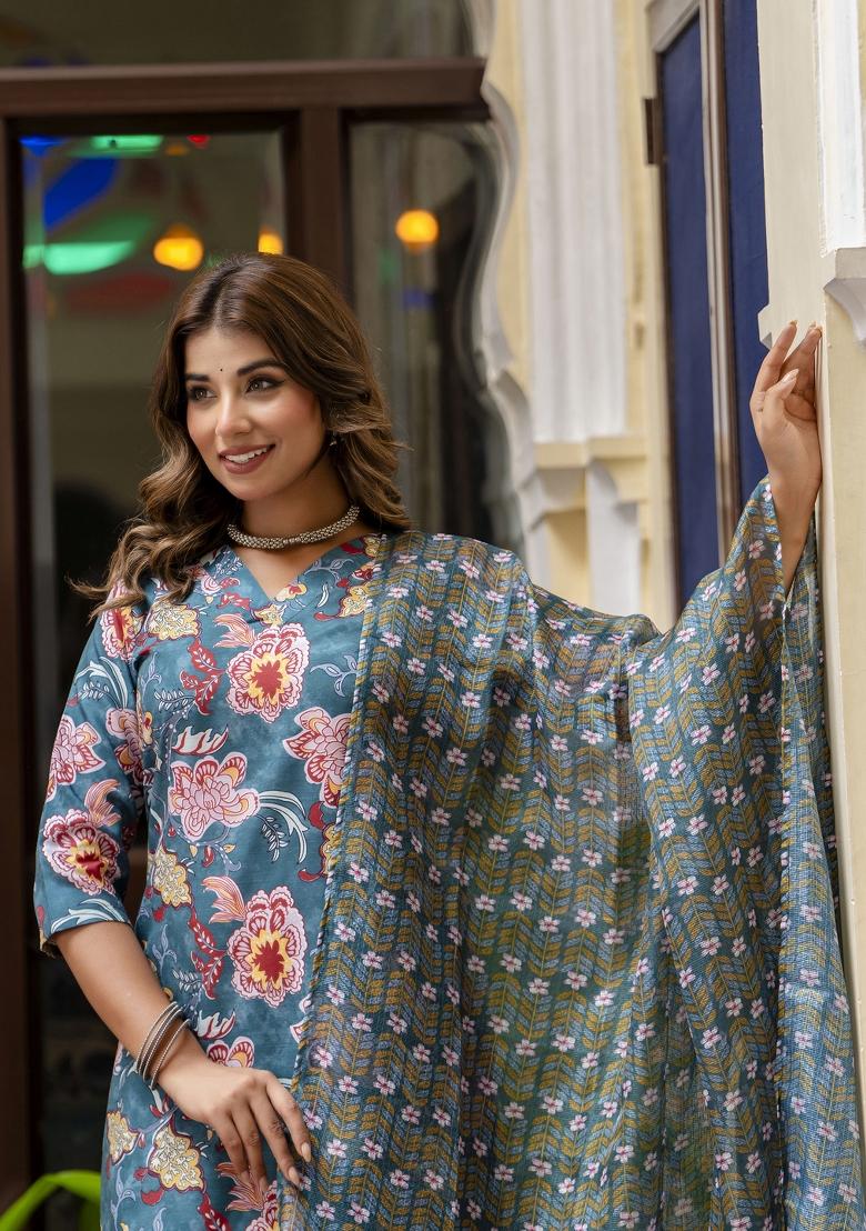 Teal Floral Print Cotton Kurta Set - Indya
