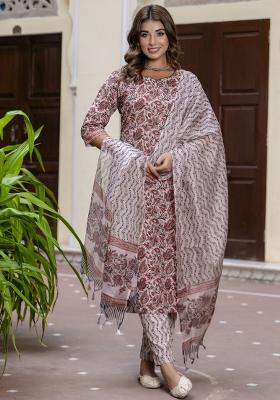 Maroon Floral Print Cotton Kurta Set