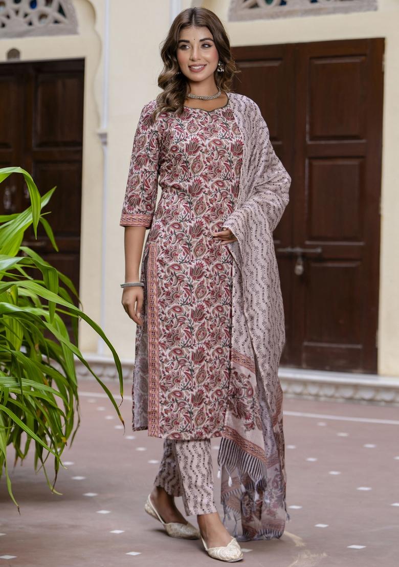 Maroon Floral Print Cotton Kurta Set - Indya