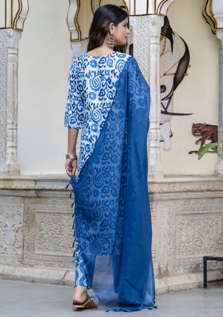 Blue Floral Print Cotton Kurta Set - Indya