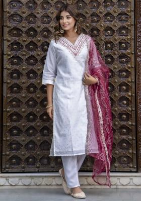 White Floral Print Silk Blend Kurta Set