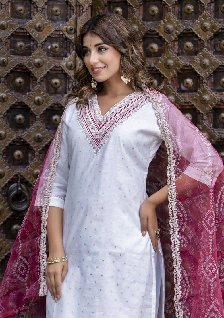 White Floral Print Silk Blend Kurta Set - Indya