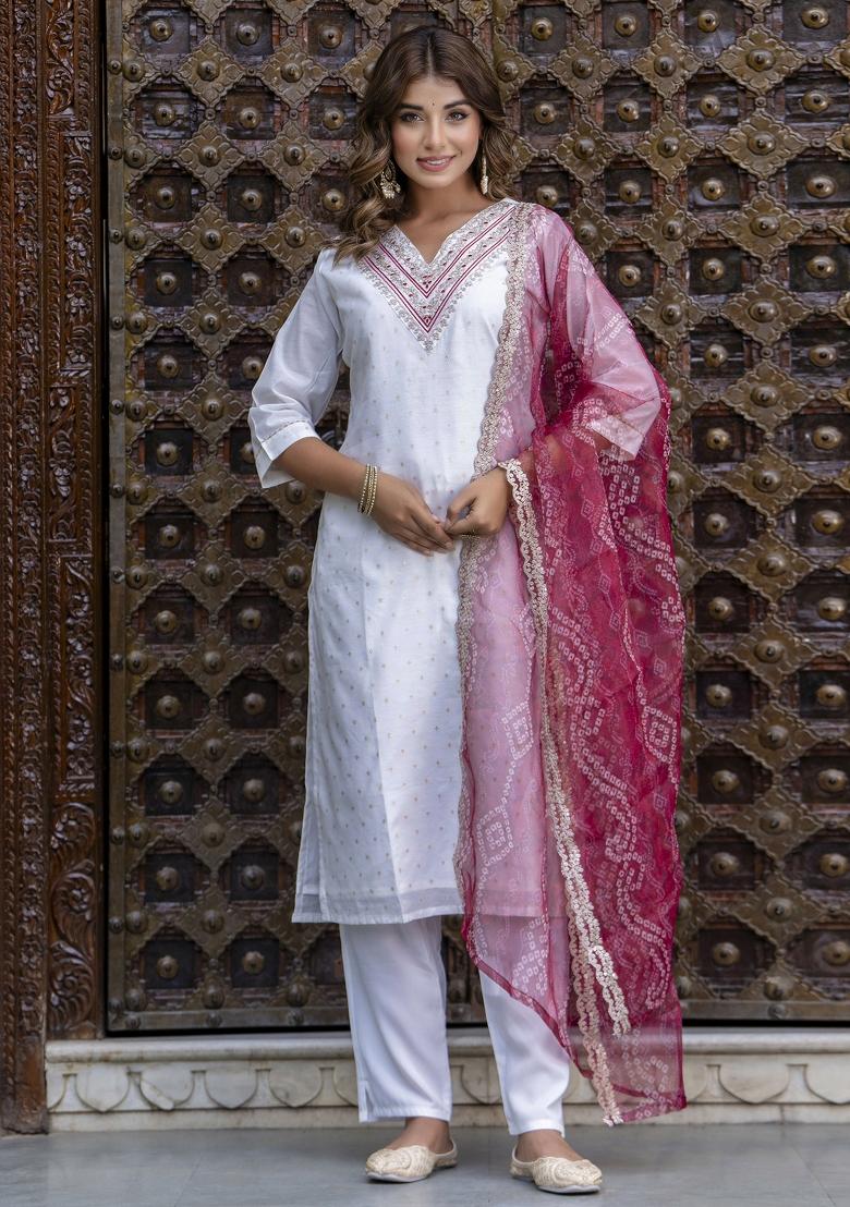 White Floral Print Silk Blend Kurta Set - Indya