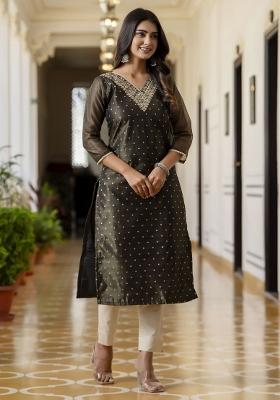 Black Embroidered Silk Blend Kurta