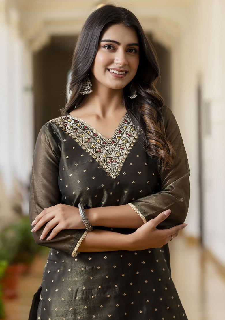 Black Embroidered Silk Blend Kurta - Indya