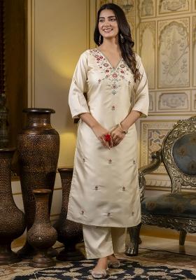 Beige Embroidered Silk Blend Kurta Set