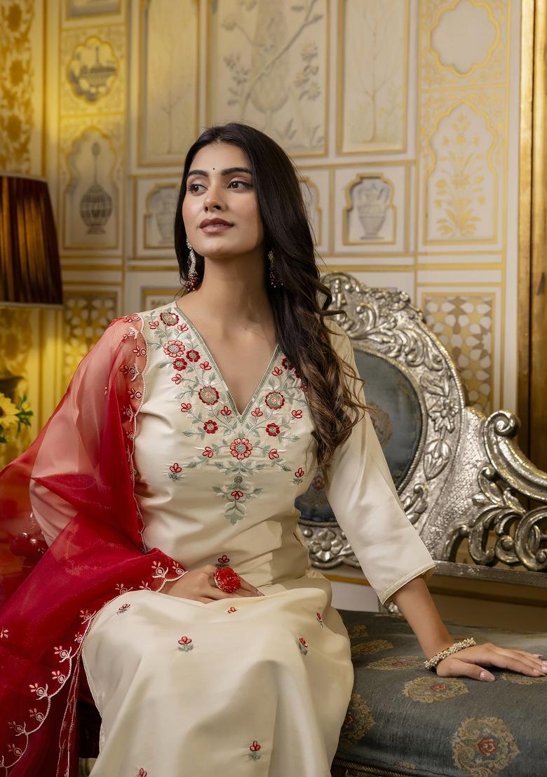 Beige Embroidered Silk Blend Kurta Set - Indya