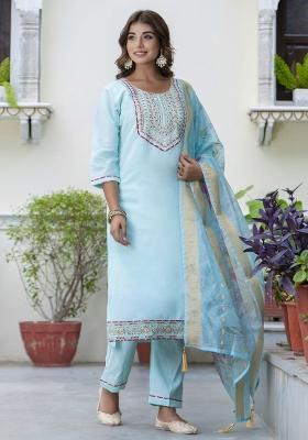 Sea Green Embroidered Silk Blend Kurta Set