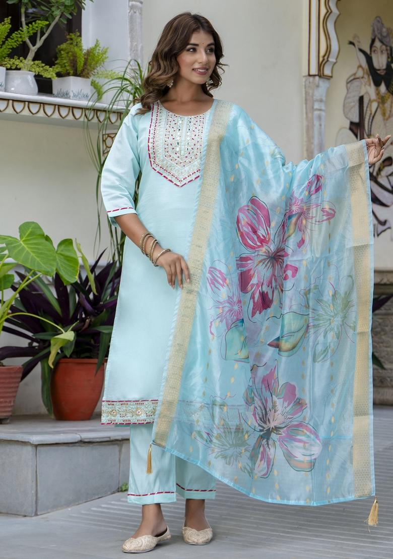 Sea Green Embroidered Silk Blend Kurta Set - Indya