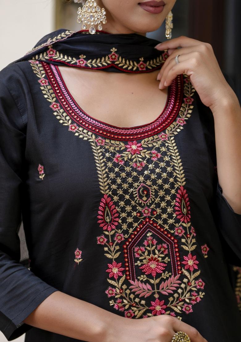 Black Embroidered Silk Blend Kurta Set - Indya