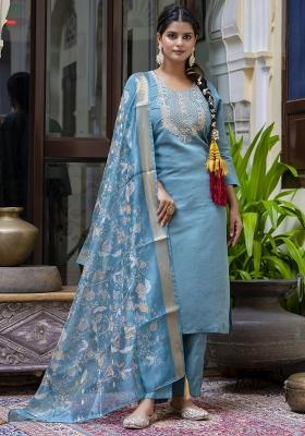 Teal Blue Embroidered Silk Blend Kurta Set