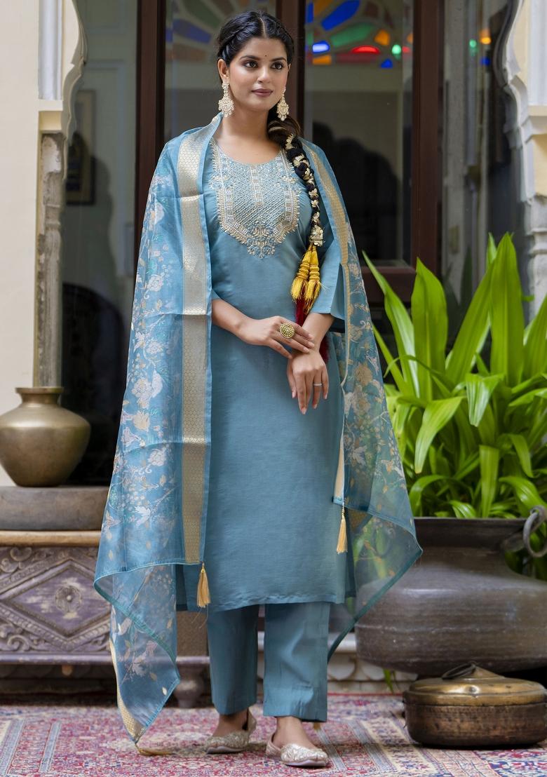 Teal Blue Embroidered Silk Blend Kurta Set - Indya