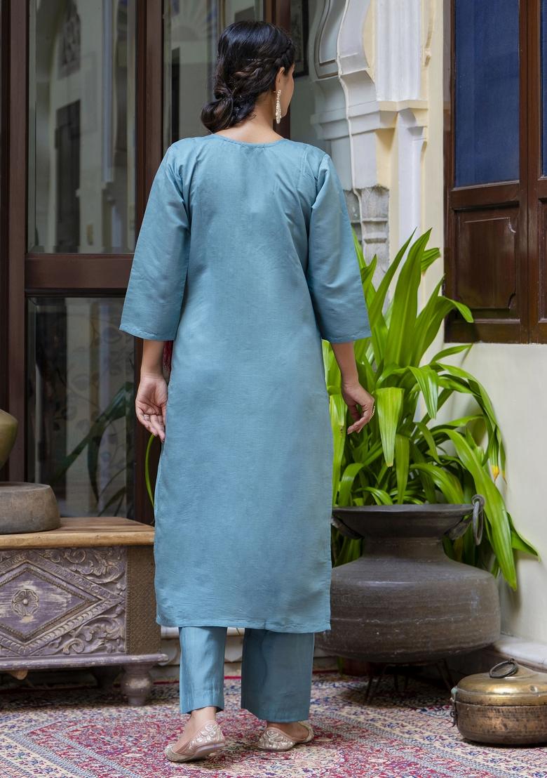Teal Blue Embroidered Silk Blend Kurta Set - Indya