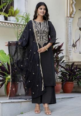 Black Embroidered Silk Blend Kurta Set