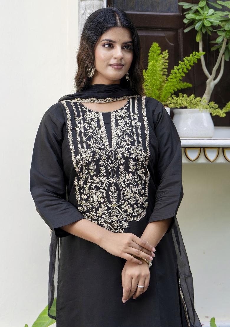 Black Embroidered Silk Blend Kurta Set - Indya