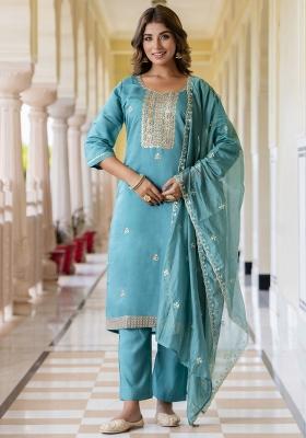 Teal Blue Embroidered Silk Blend Kurta Set