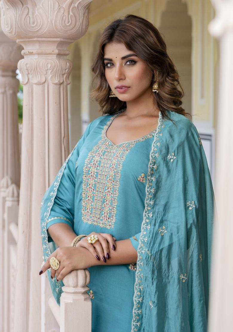 Teal Blue Embroidered Silk Blend Kurta Set - Indya