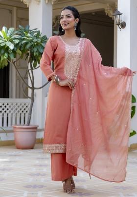 Peach Embroidered Silk Blend Kurta Set