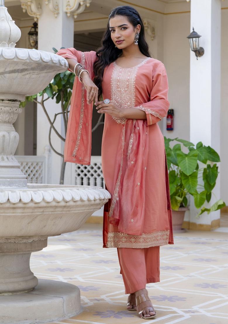 Peach Embroidered Silk Blend Kurta Set - Indya