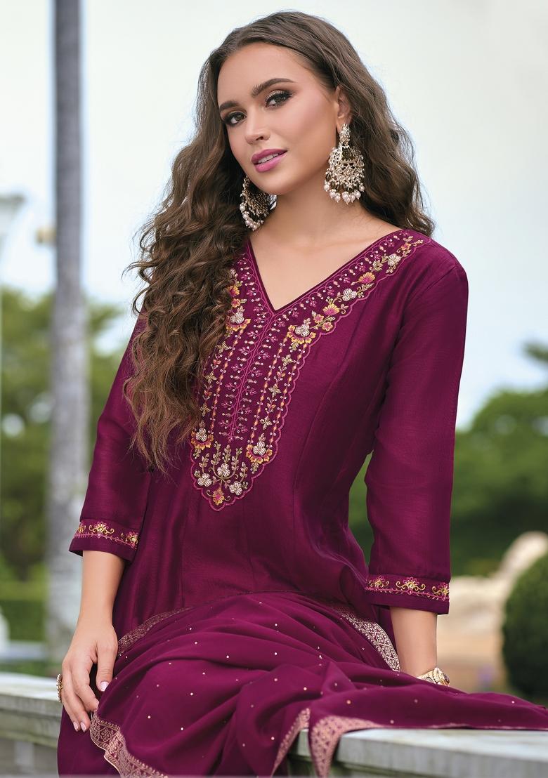 Cherry Red Embroidered Silk Blend Kurta Set - Indya